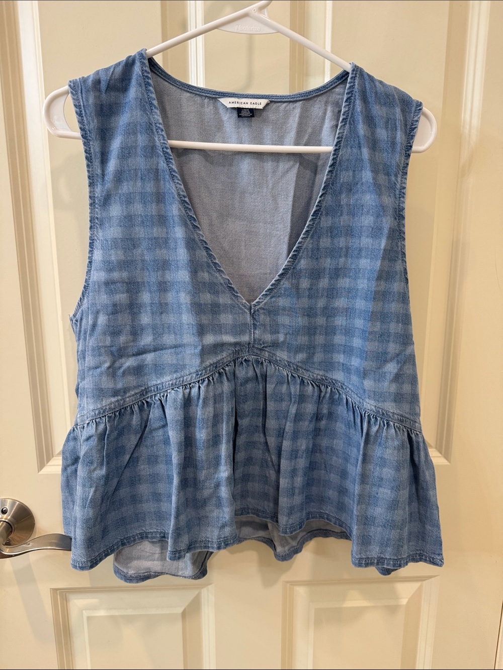 American Eagle Outfitters Light Blue Plaid Chambray Peplum Tank